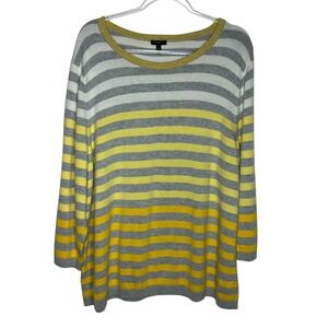 Talbots Plus Size 3X Striped Sweater Crew Neck Knit Grey Yellow White Preppy